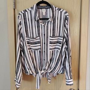 Button Up Blouse Stripes with Tie Front XXL